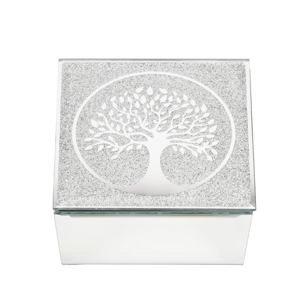 Hestia Tree of Life Trinket Box  With its sparkling design, this tree of life trinket box is the perfect gift for a lover of glitz and glam.  With a beautiful black lining and mirrored features, this storage item is sure to bring a touch of luxury into the home.