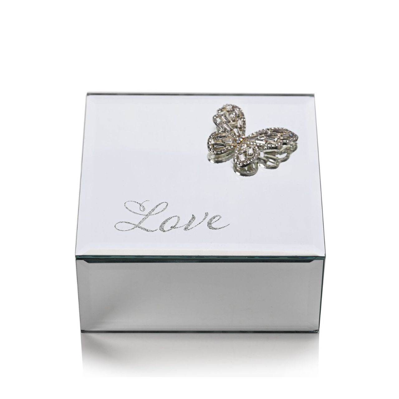 Always & Forever Glass 3D Butterfly Trinket Box "Love"  This mirrored trinket box features a unique 3D Butterfly embellishment, alongside the word 'love' in beautiful and delicate lettering. This trinket box will glitter and sparkle under any light, so would make a worthy place for storing your jewellery.