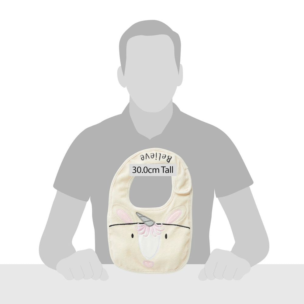 Izzy and Oliver Baby Collection Unicorn Baby Bib  This super soft and super cute Unicorn bib is perfect for little ones. Featuring a sweet Unicorn face that is embroidered for safety, Velcro fastening for easy wear and made from 100% cotton, it can be machine washed. This is part of the Izzy and Oliver Baby collection.