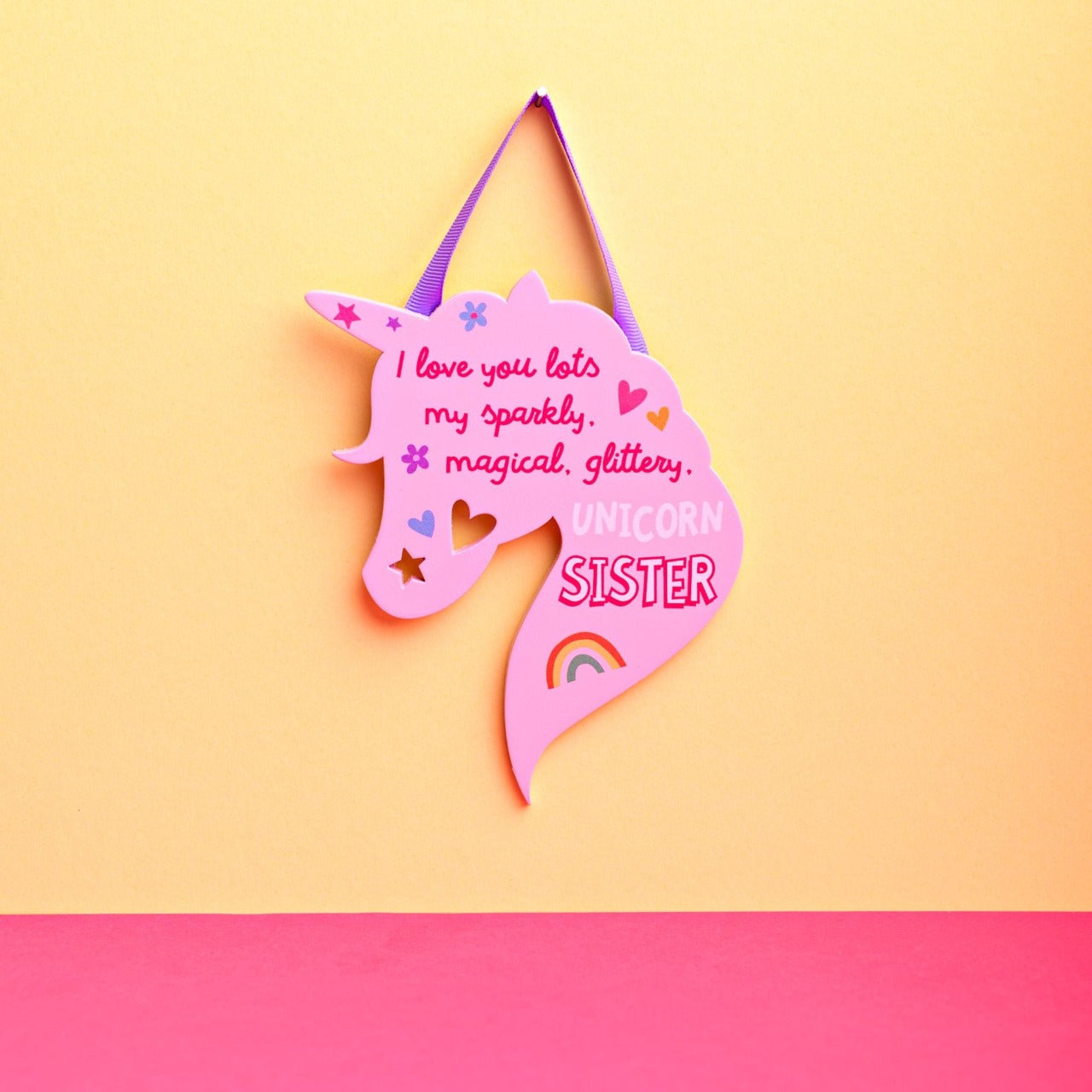 Unicorn Hanging Plaque - Sister  Want to cheer someone up? Then why not gift the 'Sister' in your life this bright, uplifting and CHEERFUL Unicorn plaque.