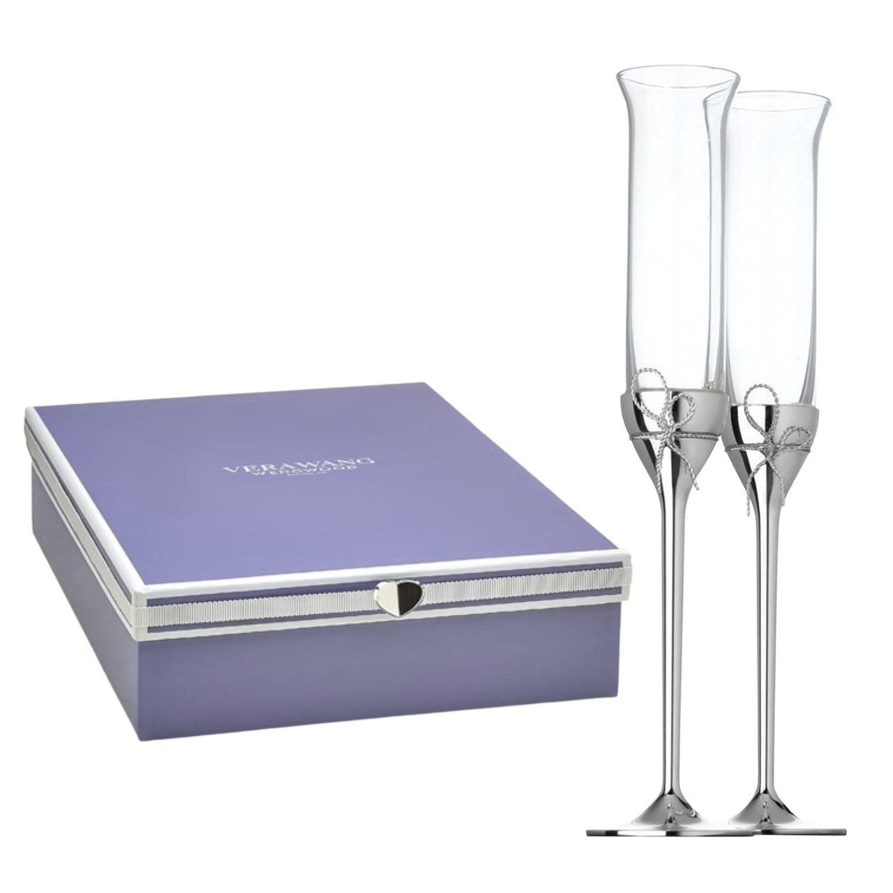 Wedgwood Vera Wang Love Knots Toasting Flutes Pair  Beautiful sterling silver Love Knots characterize the elegant Vera Wang Love Knots collection. A slender profile of fine crystal is offset by a silver-plated base accented with a delicate bow. Raise a toast with these elegant Love Knots Toasting Flutes.