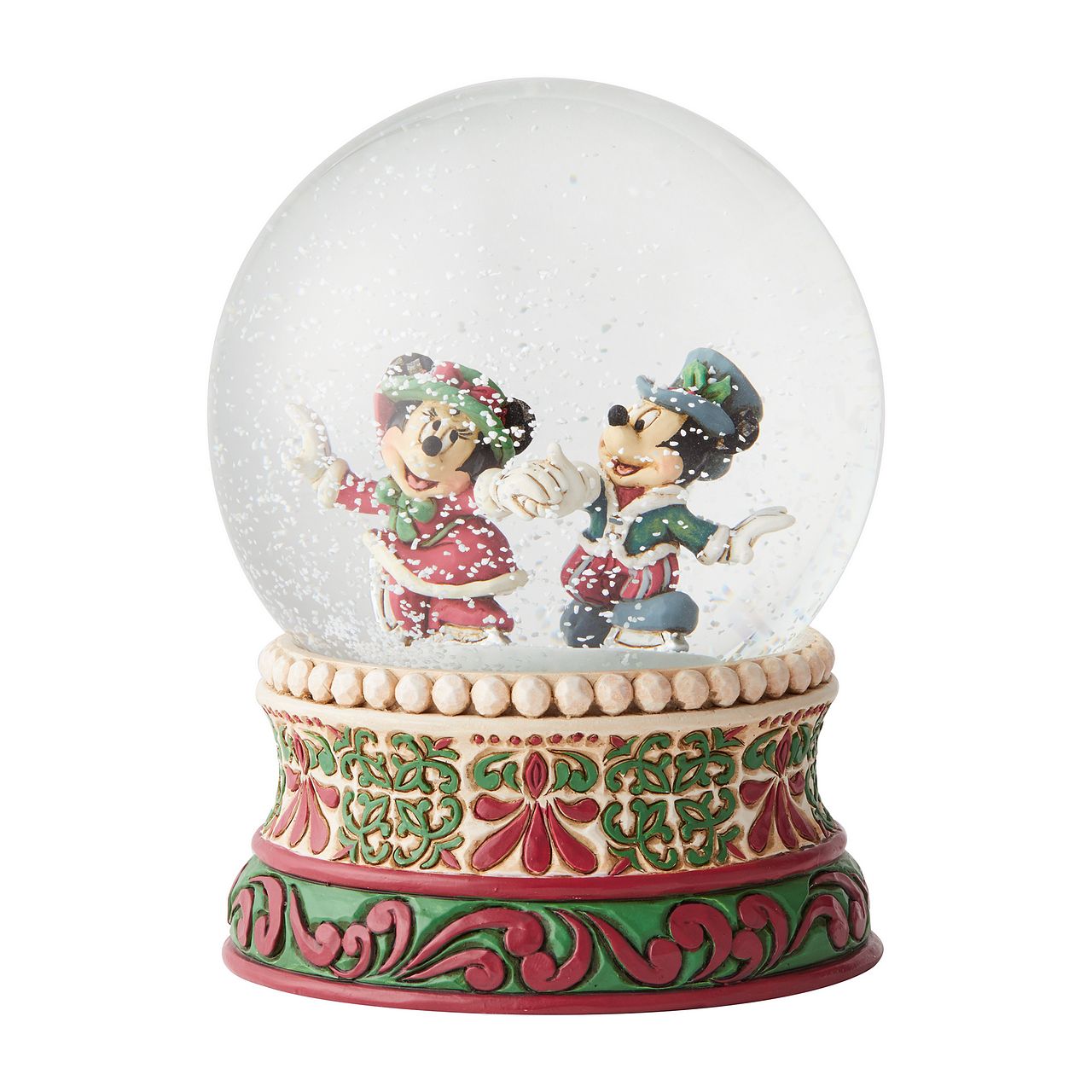 Jim Shore Splendid Skaters - Victorian Mickey and Minnie Mouse Waterball  Mickey and Minnie Mouse are filled with Christmas spirit as they ice skate in this victorian inspired waterball. Unique variations should be expected as this product is hand painted.