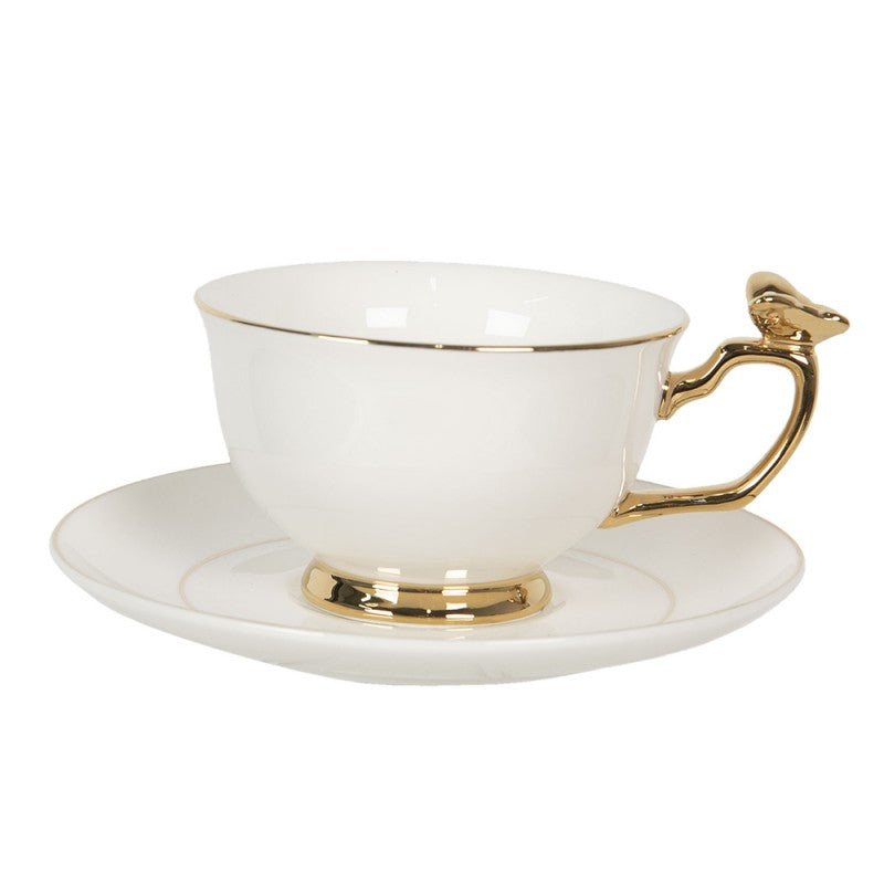 Clayre & Eef Vintage Cup and Saucer White Porcelain with Butterfly & Gold Rim  White Porcelain Butterfly Round Tableware Set  Cup and Saucer Ø 15*7 cm / 200 ml