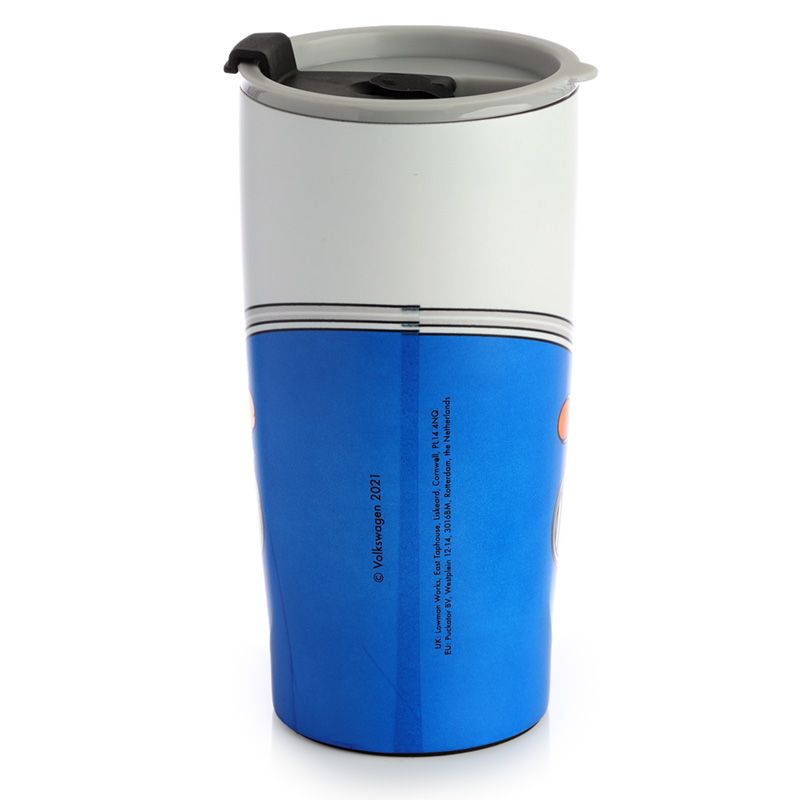 Volkswagen VW T1 Camper Bus Blue Reusable Stainless Hot & Cold Thermal Insulated Food & Drink Cup 500ml  Suitable for hot and cold drinks. Keeps liquids cold for up to 8 hours or warm for up to 6 hours. The lid has a steam release valve in the centre and a secure flip up cover over the drinking hole.