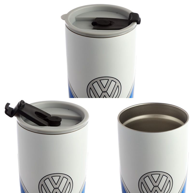 Volkswagen VW T1 Camper Bus Blue Reusable Stainless Hot & Cold Thermal Insulated Food & Drink Cup 500ml  Suitable for hot and cold drinks. Keeps liquids cold for up to 8 hours or warm for up to 6 hours. The lid has a steam release valve in the centre and a secure flip up cover over the drinking hole.