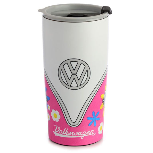 Volkswagen VW T1 Camper Bus Summer Love Reusable Stainless Hot & Cold Thermal Insulated Food & Drink Cup 500ml  Suitable for hot and cold drinks. Keeps liquids cold for up to 8 hours or warm for up to 6 hours. The lid has a steam release valve in the centre and a secure flip up cover over the drinking hole.