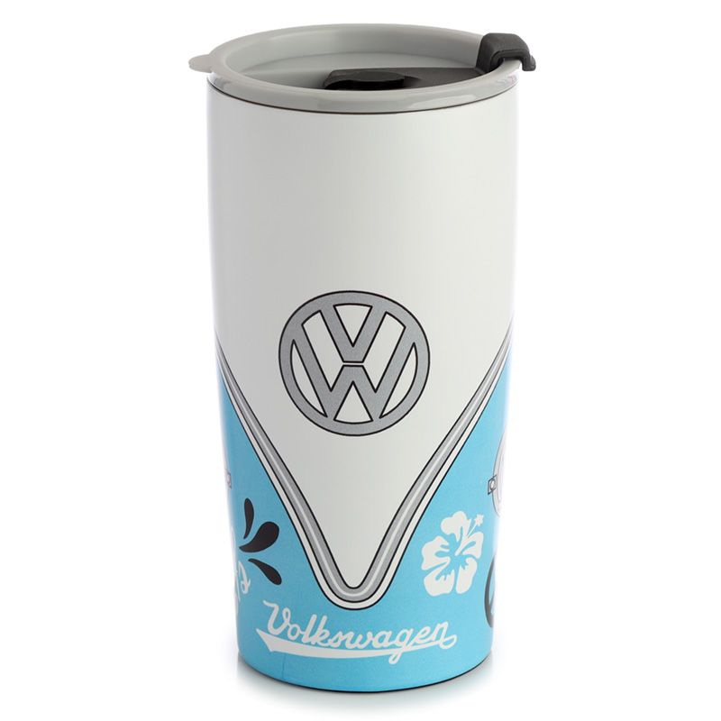 Volkswagen VW T1 Camper Bus Surf Adventure Reusable Stainless Hot & Cold Thermal Insulated Food & Drink Cup 500ml  Suitable for hot and cold drinks. Keeps liquids cold for up to 8 hours or warm for up to 6 hours. The lid has a steam release valve in the centre and a secure flip up cover over the drinking hole.