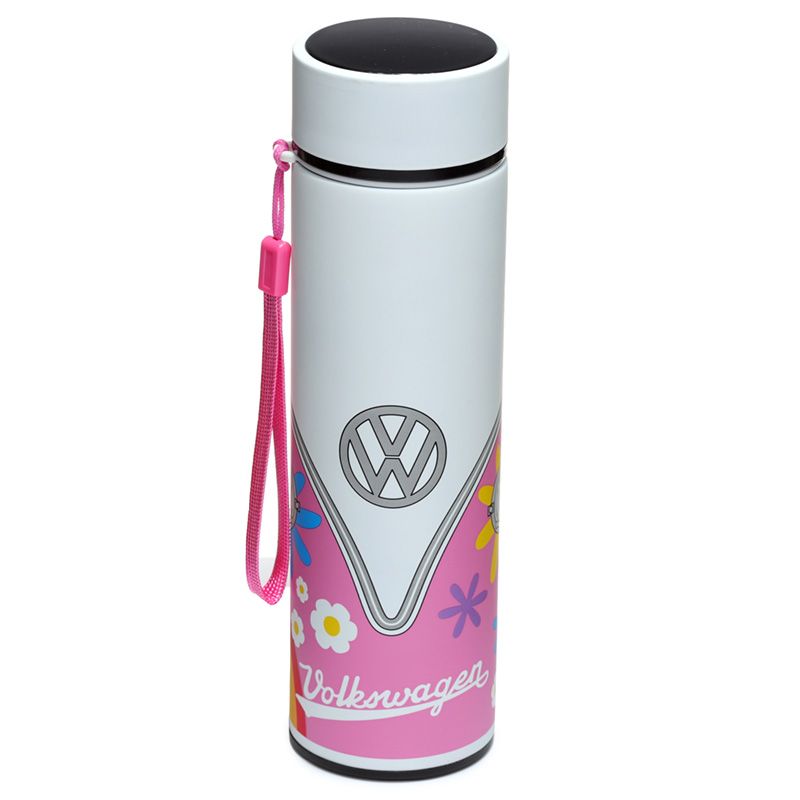 Volkswagen VW T1 Camper Bus Summer Love Thermal Drinks Bottle Digital Thermometer  Suitable for hot and cold drinks. Keeps liquids cold for up to 24 hours or warm for up to 6 hours. There is a removable tea strainer that sits in the top for loose tea leaves. Also comes with a handy strap. Volkswagen VW T1 Camper Bus Summer Love Reusable Stainless Steel Hot & Cold Thermal Insulated Drinks Bottle Digital Thermometer 450ml