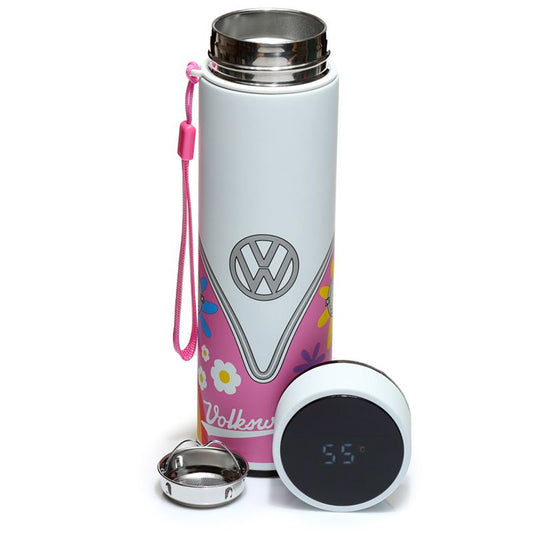 Volkswagen VW T1 Camper Bus Summer Love Thermal Drinks Bottle Digital Thermometer  Suitable for hot and cold drinks. Keeps liquids cold for up to 24 hours or warm for up to 6 hours. There is a removable tea strainer that sits in the top for loose tea leaves. Also comes with a handy strap. Volkswagen VW T1 Camper Bus Summer Love Reusable Stainless Steel Hot & Cold Thermal Insulated Drinks Bottle Digital Thermometer 450ml