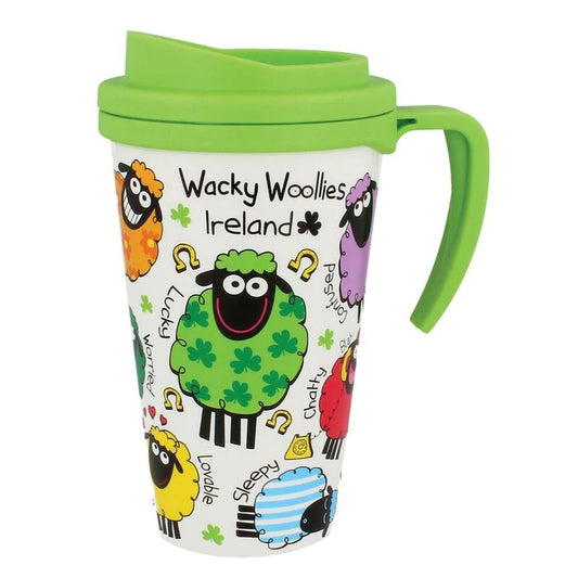 Wacky Woollies Ireland Colorful Travel Mug with Green Top  This mug is colourful and expresses many moods and filled with Irish charm Part of the Wacky Woollies Collection