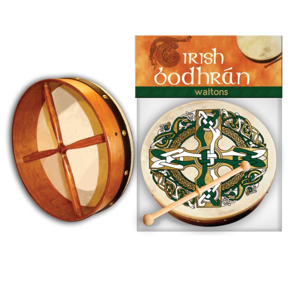 Waltons 8" Celtic Design Bodhran Gaelic Cross  Great entry-level bodhrán with celtic design. Handcrafted from the finest wood with real goatskin heads. Hardwood beater included with every bodhrán.