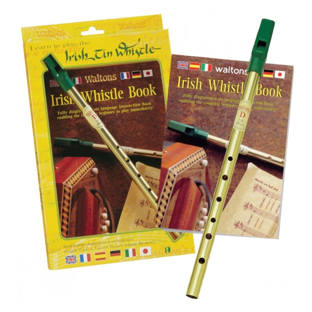 Waltons Tin Whistle Twin Pack  Learn to play the Irish Tin Whistle - the easy way!  Contains Waltons brass D whistle and an easy-to-use book with instructions in six languages (English, French, Spanish, German, Italian and Japanese) that includes 27 Irish and international tunes.