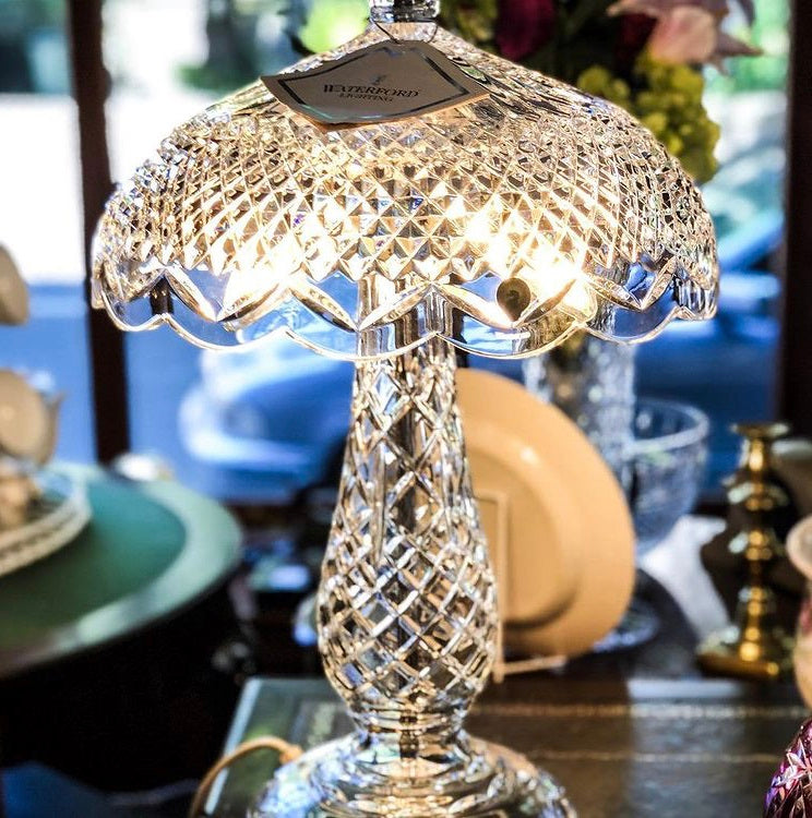 Waterford Crystal Achill Crystal Lamp Large  Waterford Crystal Lamps use a stunning combination of crystal lamp shades and crystal bases. The cut crystal, along with the intriguing variety of shade shapes and textures of each Waterford lamp bestows a unique singular style and a timeless design aesthetic.