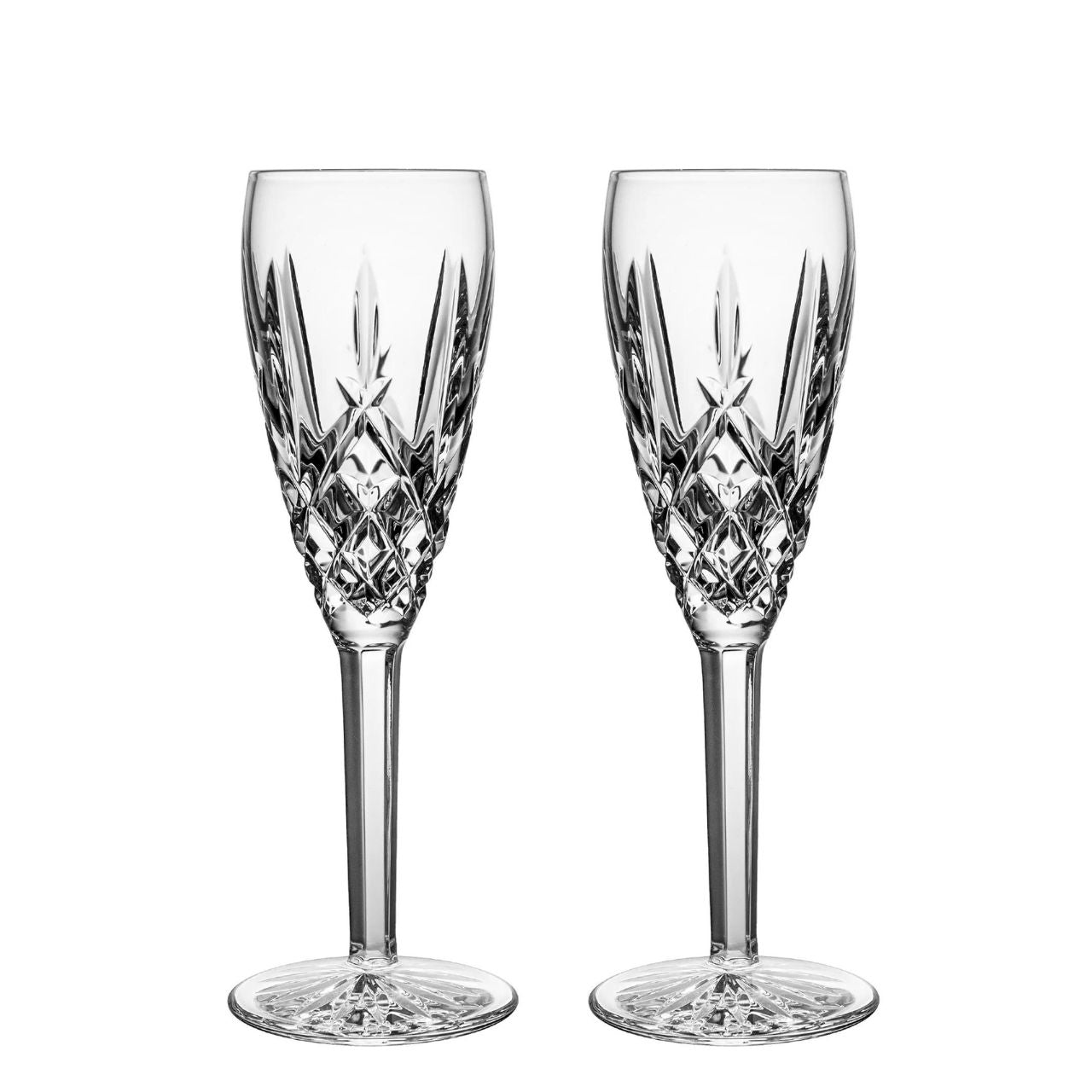 Waterford Crystal Araglin Flute Champagne Pair  The Araglin Collection by Waterford is characterized by diamond and vertical wedge cuts and an elegant tulip design, creating stunning crystal and stemware with a truly unsurpassed shine and brilliance.