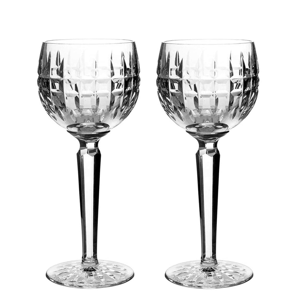 Waterford Crystal Glenmore Hock Pair  The Waterford Glenmore pattern is a stunning combination of brilliance and clarity. The intricate detailing of Glenmore's signature line cuts combine with the comforting weight of Waterford's hand-crafted fine crystal to produce a stunning piece of drinkware that defines traditional styling even while transcending it.
