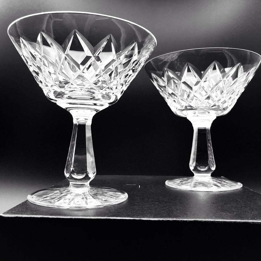 Waterford Crystal Kinsale Saucer Champagne Pair  Waterford Crystal Kinsale champagne coupe or low sherbet glass. This intricate diamond cuts to a clean delicate bowl, our martini glasses and cocktail glasses are crafted for enjoying a diverse range of Champagne or Cocktails.