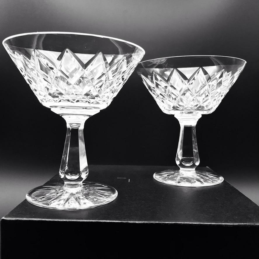 Waterford Crystal Kinsale Saucer Champagne Pair  Waterford Crystal Kinsale champagne coupe or low sherbet glass. This intricate diamond cuts to a clean delicate bowl, our martini glasses and cocktail glasses are crafted for enjoying a diverse range of Champagne or Cocktails.