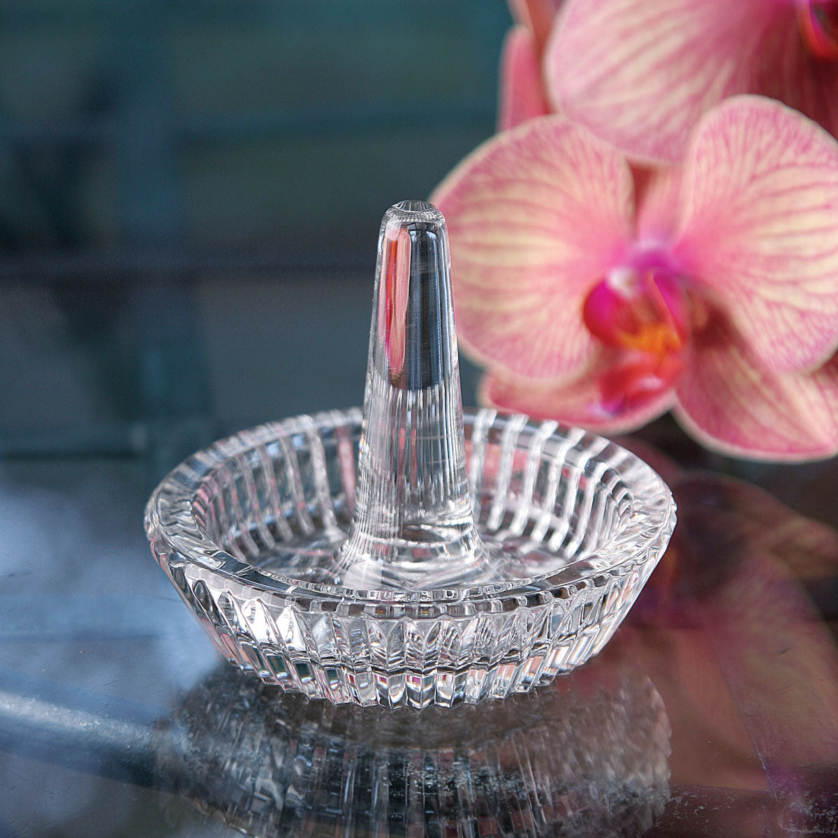Waterford Crystal Heritage Round Ring Holder   Keep your engagement, wedding and decorative rings safe on this stunning crystal Ring Holder, which features a central spike for holding rings, and a round, ridged tray for storing necklaces or earrings. An elegant addition to any desk or vanity.