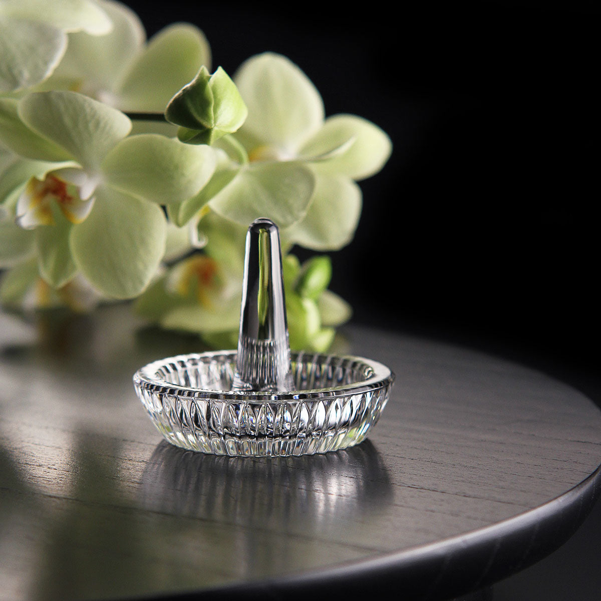 Waterford Crystal Heritage Round Ring Holder   Keep your engagement, wedding and decorative rings safe on this stunning crystal Ring Holder, which features a central spike for holding rings, and a round, ridged tray for storing necklaces or earrings. An elegant addition to any desk or vanity.