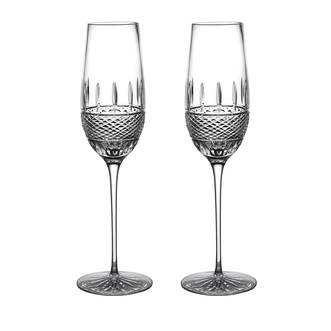 Waterford Irish Lace Flute Pair  Simultaneously unique and timeless, these stunning flutes have the comforting weight you would expect from Waterford crystal. Featuring a cut pattern reminiscent of a bobbin used to sew Irish lace, this elegant crystal stemware tells a story of the ultimate craftsmanship, fine detailing and heritage, and will grace your home for generations. 