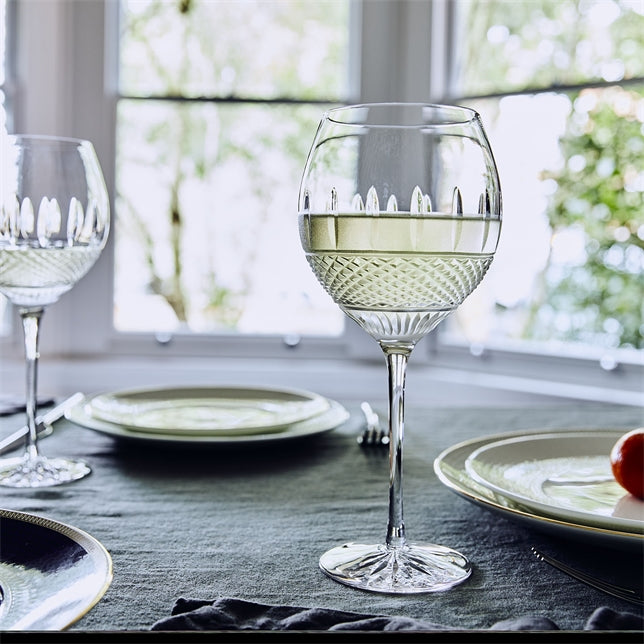 Waterford Crystal Irish Lace White Wine set of 2  Waterford’s Mastercraft Irish Lace White Wine glasses feature a hand crafted pattern in exquisite crystal, inspired by the bobbin used to tirelessly handcraft world-renowned Irish lace.