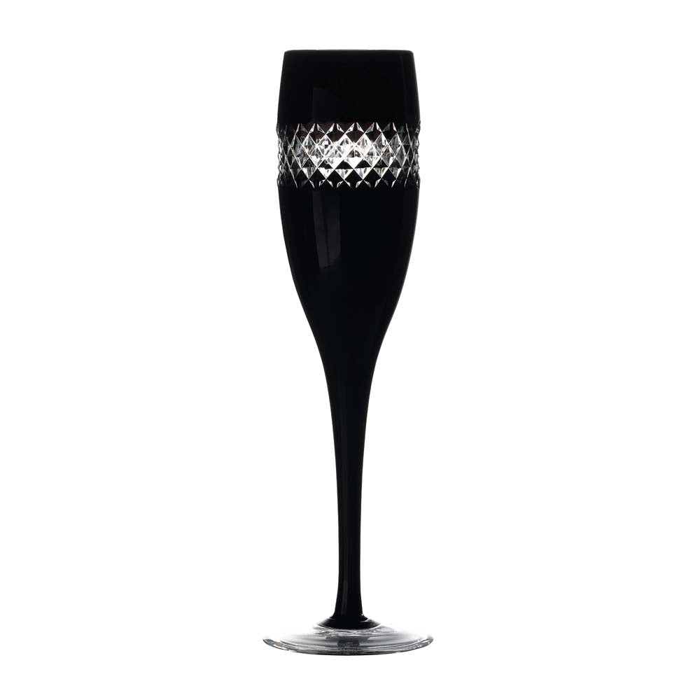 Waterford John Rocha Black Cut Champagne Flute (Single)  Each Black Cut Champagne Flute features a striking black glass finish ensuring they immediately stand out from all other tableware. To top off the slick, dark aesthetic, these designer champagne flutes are contrasted with a diamond design cut glass band running around the bowl.