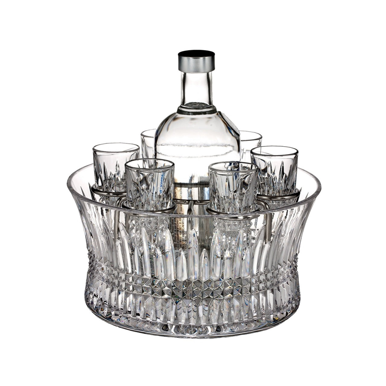 Waterford Crystal Lismore Diamond 7 Pce Vodka Set with Chill Bowl  The Lismore Diamond pattern is a strikingly modern reinvention of the Waterford classic, characterised by intricate diamond cuts rendered in radiant fine crystal.