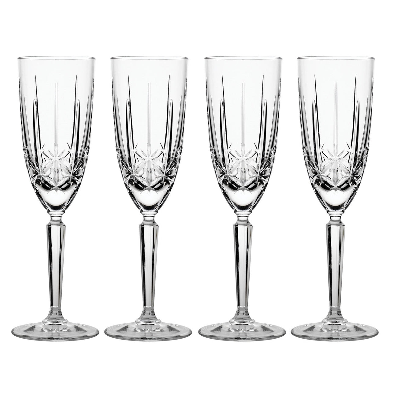 Waterford Marquis Sparkle Flutes Set of 4  Brisk and modern, the Sparkle pattern by Waterford is characterized by brilliant crystal cuts reminiscent of delicate starlight. A New Year's Eve toast would be resplendent in these stunning Flutes : perfect for serving champagne, spumante and other sparkling wines.