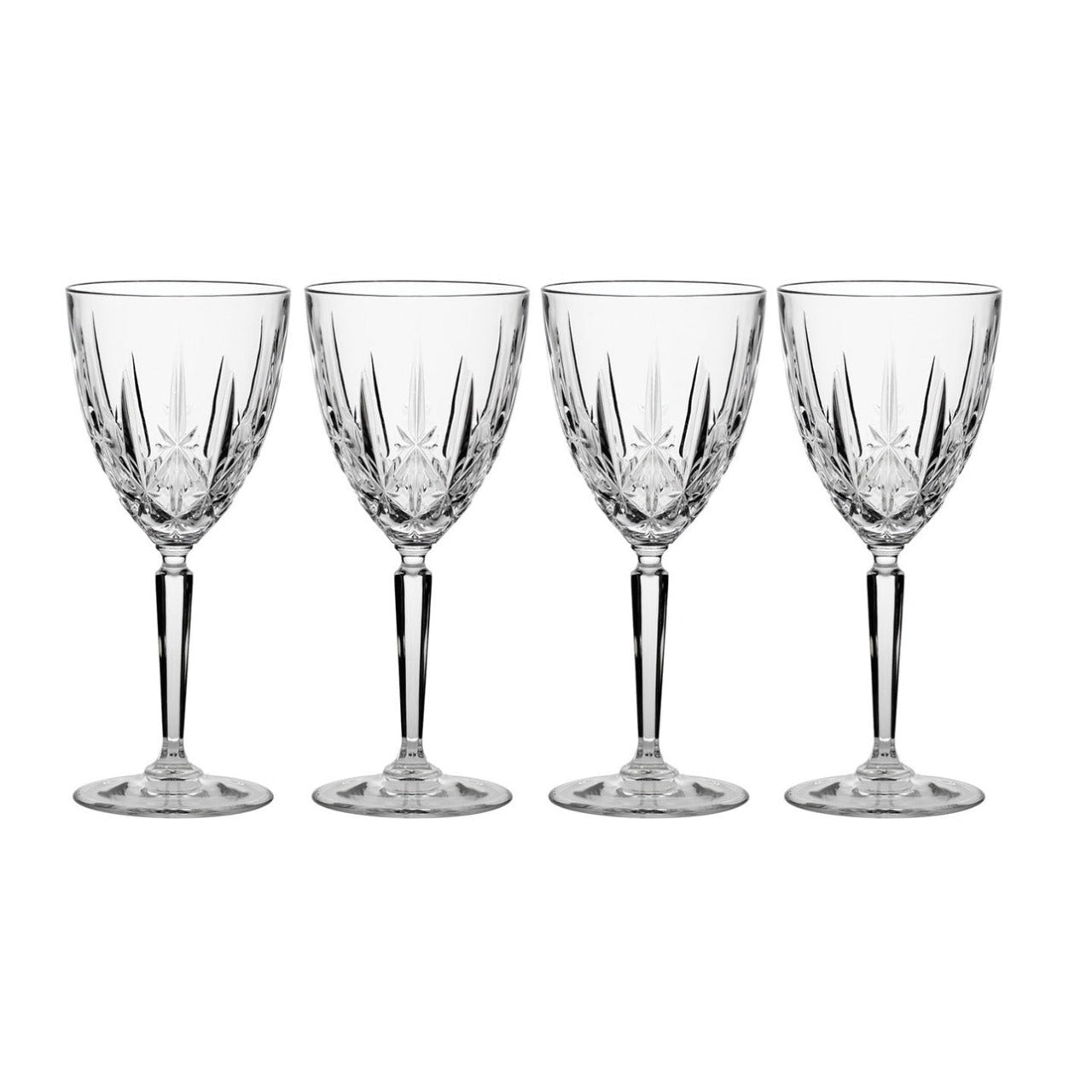 Waterford Marquis Sparkle Wine Glass Set of 4  Brisk and modern, the Sparkle pattern by Waterford is characterized by brilliant crystal cuts reminscent of delicate starlight. Ideal for serving both red and white grape varieties, these versatile Wine glasses feature the comforting weight and clarity of Waterford fine crystal.