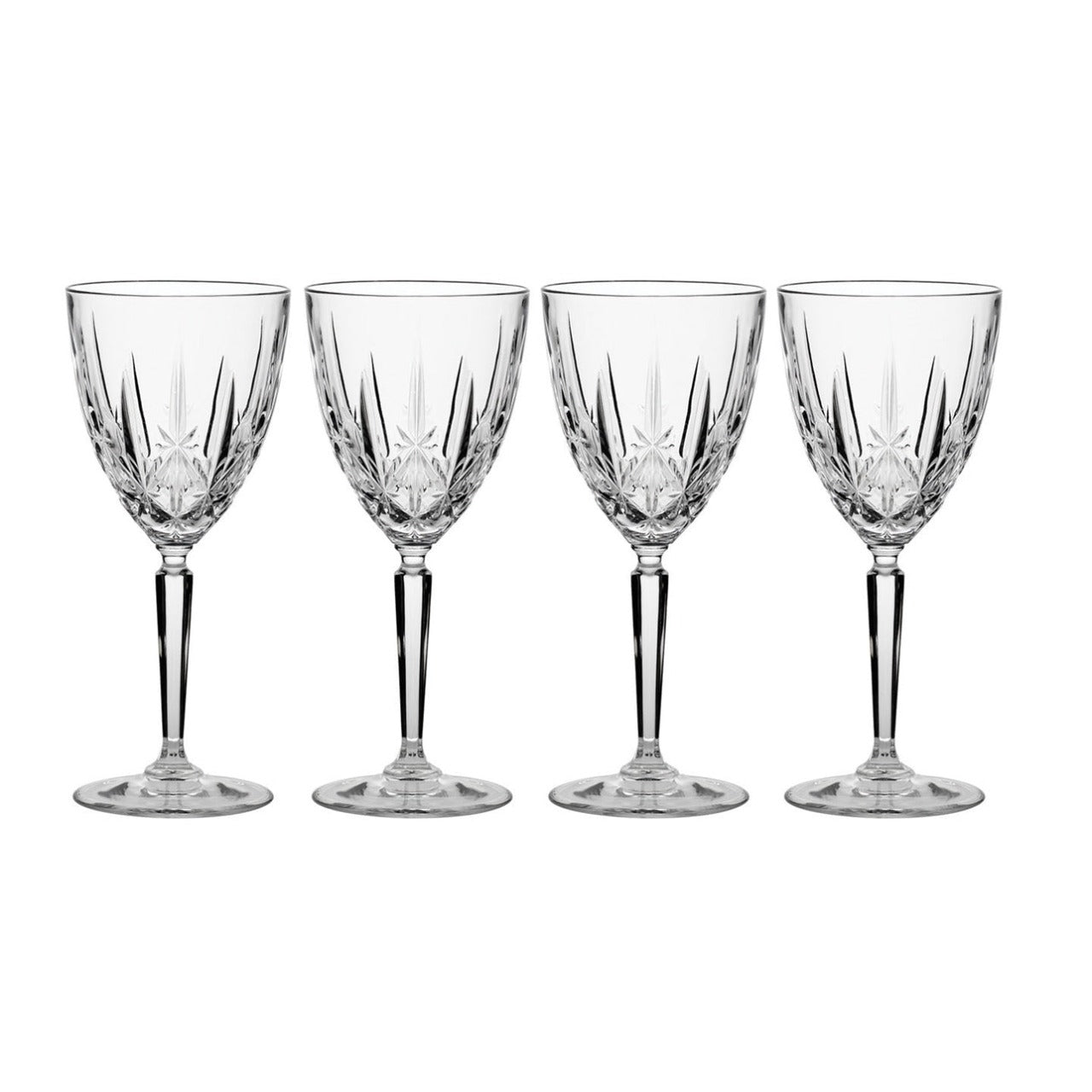Waterford Marquis Sparkle Wine Glass Set of 4  Brisk and modern, the Sparkle pattern by Waterford is characterized by brilliant crystal cuts reminscent of delicate starlight. Ideal for serving both red and white grape varieties, these versatile Wine glasses feature the comforting weight and clarity of Waterford fine crystal.