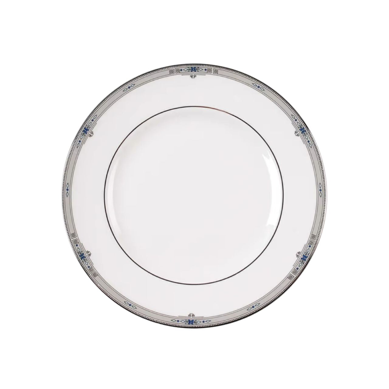 Wedgwood Amherst 8" Salad Side Plate Platinum Trim  The Wedgwood Amherst collection is best known for it’s elegance and sophistication. Amherst features a classic but contemporary finish with it’s soft grey and black accented throughout the fine bone china pieces.