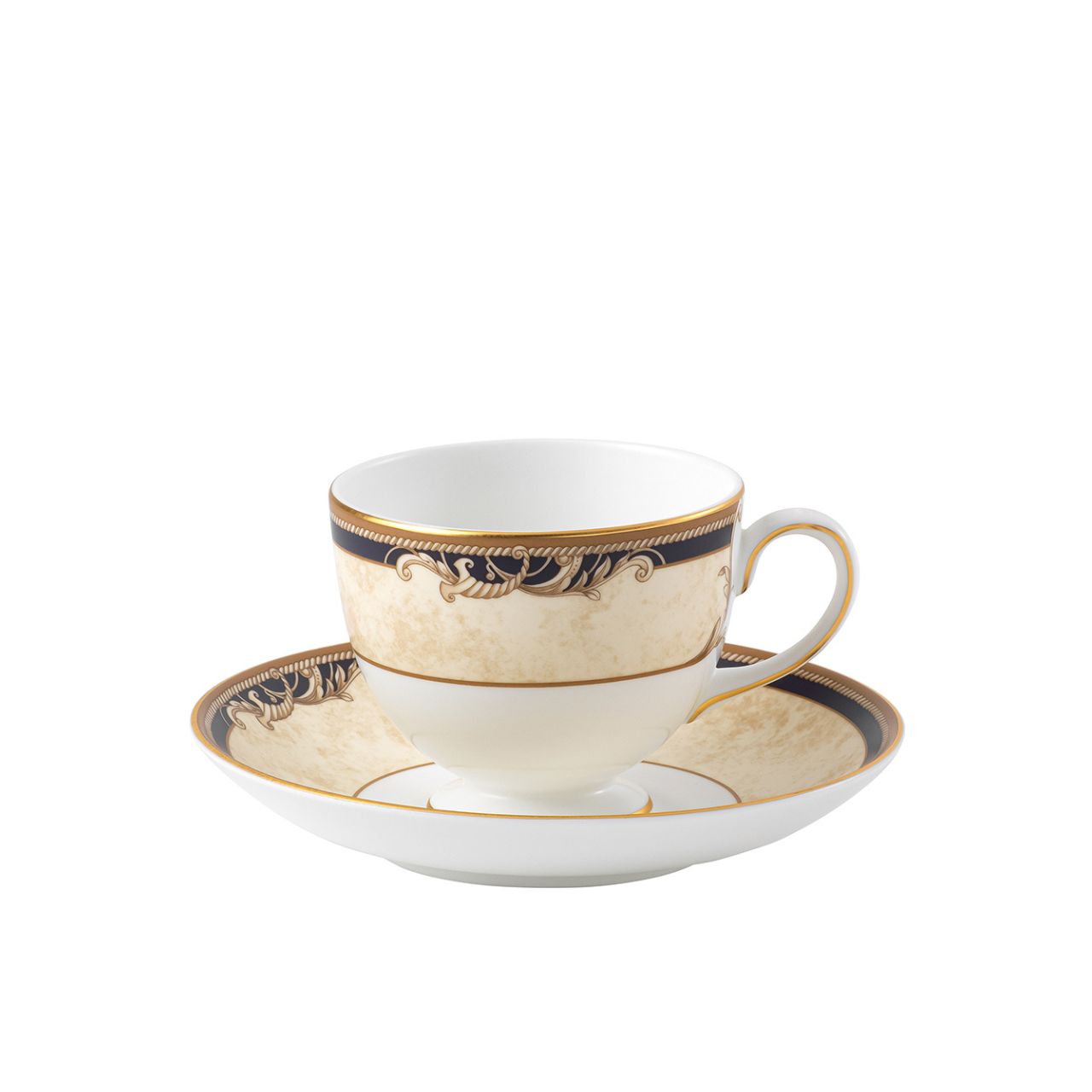 Cornucopia Teacup by Wedgwood  Saucer sold separately  Wedgwood Cornucopia is inspired by the mythical 'Horn of Plenty,' and is characterized by designs featuring legendary creatures like unicorns and satyrs.