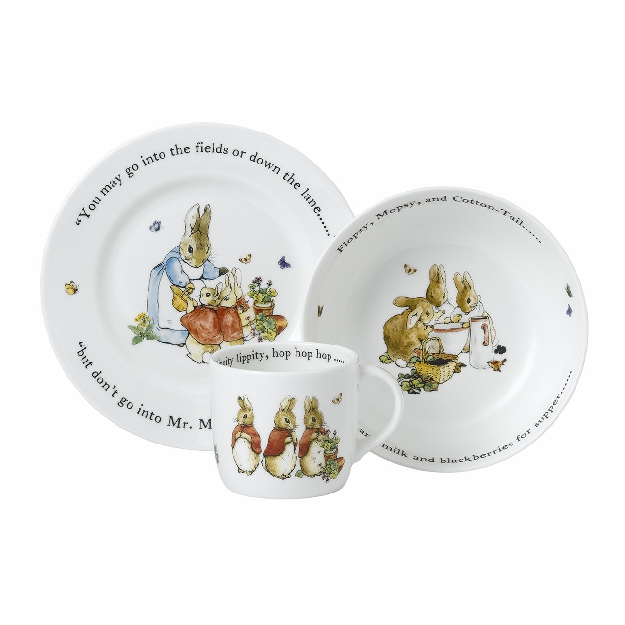 Wedgwood Flopsy, Mopsy and Cottontail 3 Piece Set Pink  Appeal to the curious imaginations of the young ones in your life with Beatrix Potter’s cute trio Flopsy, Mopsy and Cottontail.