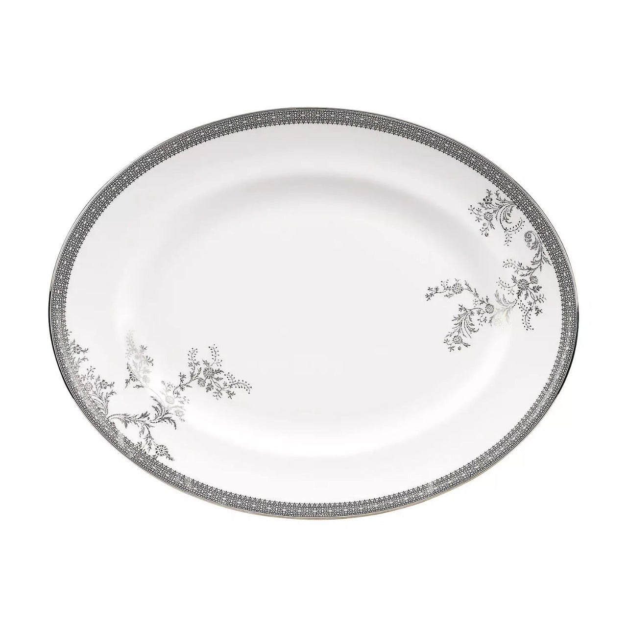Wedgwood Vera Wang Lace Platinum Oval Dish 35 cm  Inspired by the brightly hued corsages from renowned New York designer Vera Wang's bridal collection, the Lace Collection is characterized by understated elegance. 