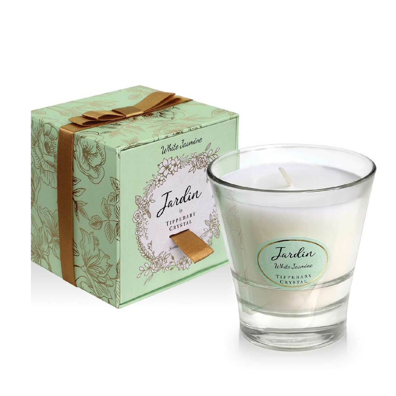 Tipperary Crystal White Jasmine Jardin Collection Candle  White Jasmine The first scent will transport you to a quaint English cottage with windows opening out to a sun-drenched garden filled with beautiful white jasmine.