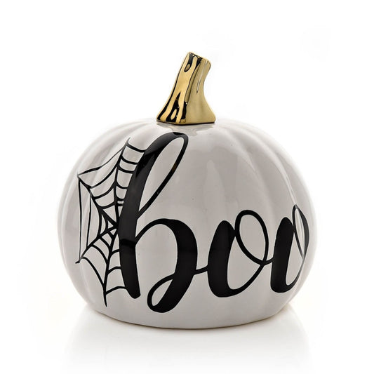 White Pumpkin Halloween Decoration  A white pumpkin decoration by THE SEASONAL GIFT CO®.  This spooky pumpkin will add to the spinetingling atmosphere of haunted houses this Halloween.