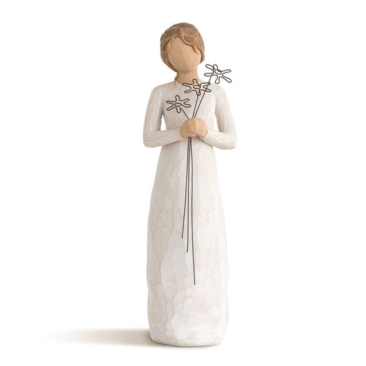 Grateful by Willow Tree  Willow Tree is an intimate line of figurative sculptures representing sentiments of love, closeness, healing, courage, hope...all the emotions we encounter in life. Artist Susan Lordi hand carves the original of each Willow Tree sculpture. Pieces are made in cast stone from her original carvings, and then individually painted by hand with lead-free paint.