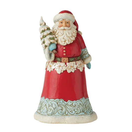 Winter Wonderland Collection Santa Figurine Holding Christmas Tree  Winter Wonderland Collection; Bright jewel tones, metallic shimmering and pearlized finishes and coloured glitter accents. This striking Santa holding a glittering Tree is the perfect addition to any Winter Wonderland Collection.
